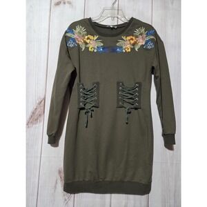 Lulumari Sweater Dress Womens Small Green Floral Embroidered Lace Up Corset Mini